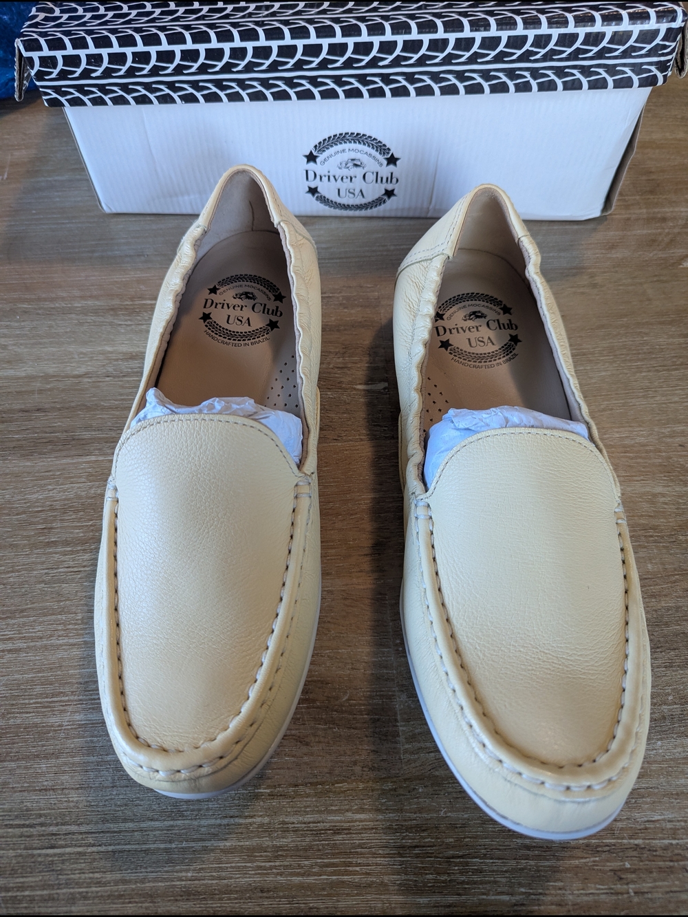 Driver Club USA Pale Yellow Leather Slip-On Driving Loafers